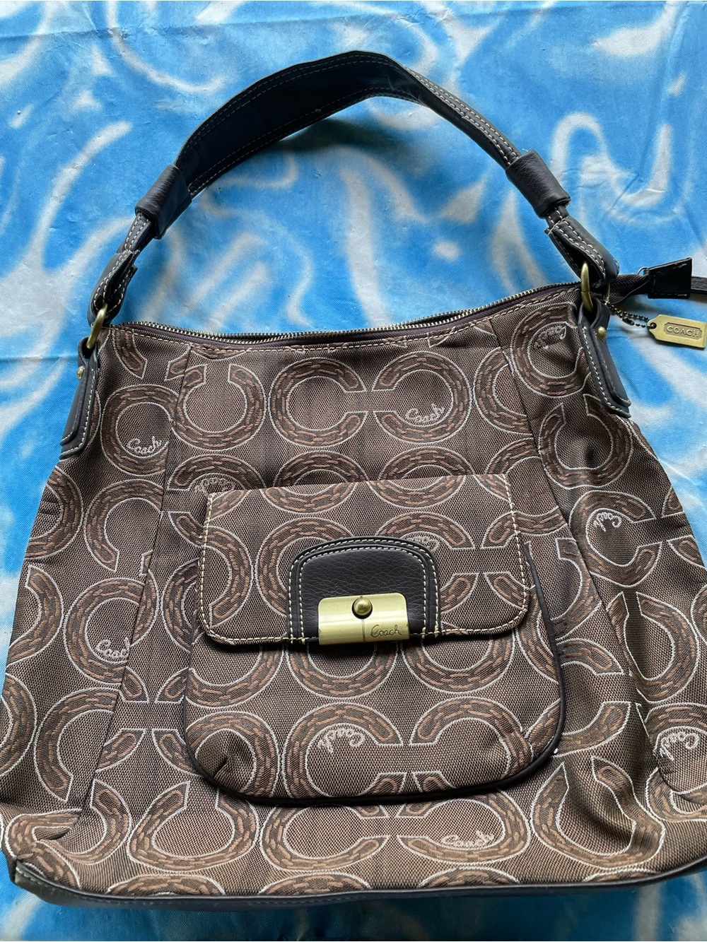 Coach Brown Signature Canvas Hobo Shoulder Bag with Gold-Tone Lock